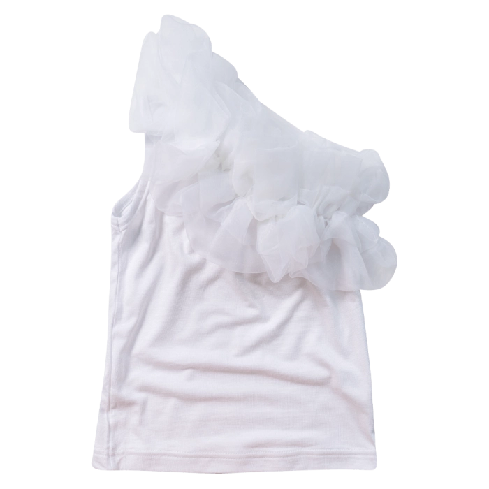 Παιδική μπλούζα Serafino για κορίτσια Fire άσπρο βολάν κοντό καλοκαιρινό ένα ώμο ετών crop online (1)
