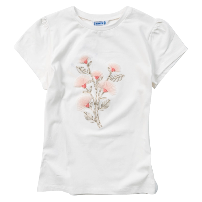 Παιδική μπλούζα Mayoral για κορίτσια Peonia άσπρο επώνυμο καλοκαιρινή μοντέρνα ετών online (1)