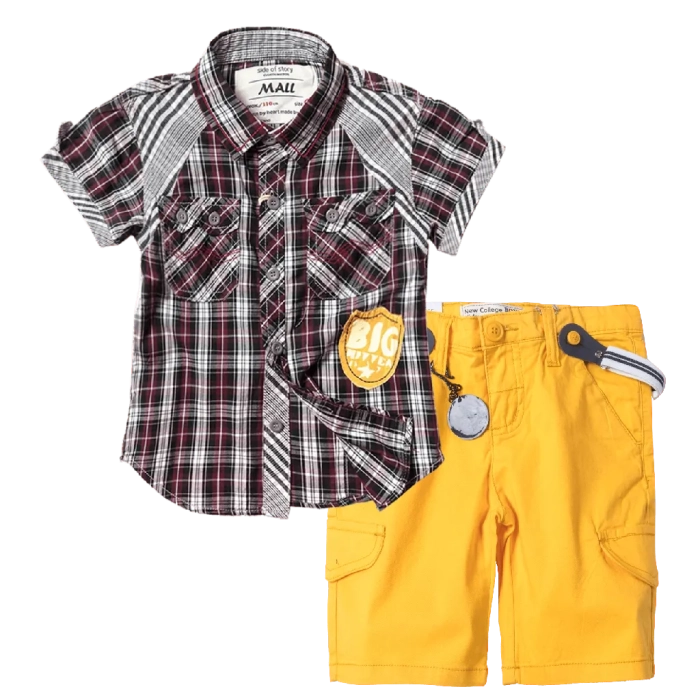 Παιδικό πουκάμισο Mall Kids Big μπορντό καλοκαιρινά πουκάμισα αγορίστικα κοντομάνικα καρό Online | Παιδική βερμούδα New College για αγόρια Sunrise κίτρινη τιράντες μονόχρωμες αγορίστικες 