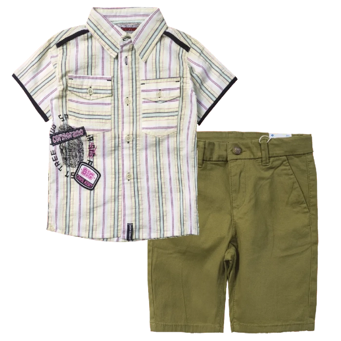 Παιδικό πουκάμισο Cormorano για αγόρια Tree άσπρο καλοκαιρινά ετών κοντομάνικα ριγέ online | Παιδική βερμούδα Mayoral για αγόρια City λαδί επώνυμη μοντέρνα καλοκαιρινή ετών online (1) 