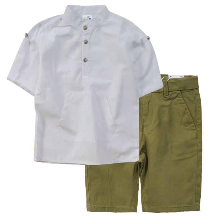Παιδικό πουκάμισο Serafino για αγόρια Top Boys άσπρο mao μαο γιακάς μοντέρνα καλοκαιρινά κοντομάνικα ετών | Παιδική βερμούδα Mayoral για αγόρια City λαδί επώνυμη μοντέρνα καλοκαιρινή ετών online (1) 
