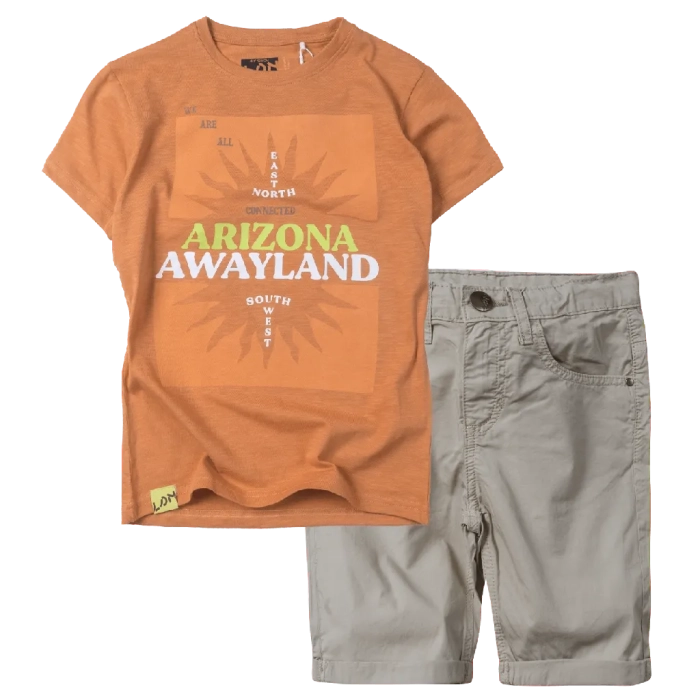 Παιδική μπλούζα Losan για αγόρια Awayland πορτοκαλί κοντομάνικες καλοκαιρινές tshirt μπλούζες αγορίστικες ετών | Παιδική βερμούδα Losan για αγόρια sun μπεζ βερμούδες μοντέρνες υφασμάτινές μονόχρωμες καλοκαιρινές ετών 