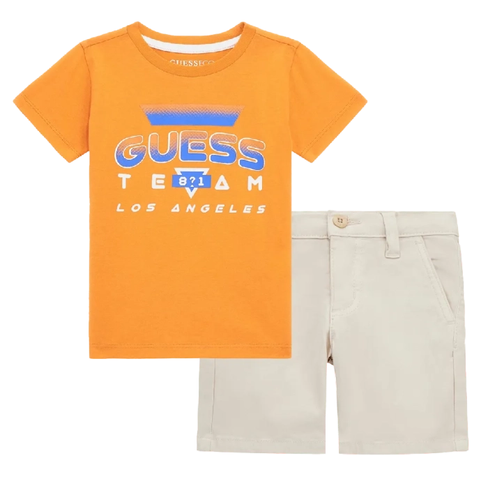 Παιδική μπλούζα GUESS για αγόρια Team 81 πορτοκαλί επώνυμη καλοκαιρινή βαμβακερή καθημερινή άνετη ετών online (2) | Παιδική βερμούδα GUESS για αγόρια Sanji (2-7) μπεζ αγορίστικη καλοκαιρινή μοντέρνα ιδιαίτερη επώνυμη ποιοτική (3) 