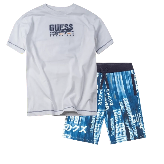 Παιδική μπλούζα GUESS για αγόρια Los Angeles άσπρη αγορίστικες κοντομάνικες καλοκαιρινές λευκές online (2) | Παιδική βερμούδα Guess για αγόρια Bios μπλε επώνυμη μακό βαμβακερή σχολείο καθημερινή ετών online (2) 
