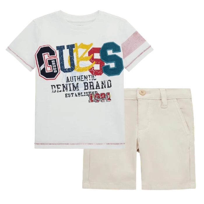 Παιδική μπλούζα Guess για αγόρια Authentic άσπρο επώνυμη καλοκαιρινή μακό άνετη ετών online (3) | Παιδική βερμούδα GUESS για αγόρια Sanji (2-7) μπεζ αγορίστικη καλοκαιρινή μοντέρνα ιδιαίτερη επώνυμη ποιοτική (3) 