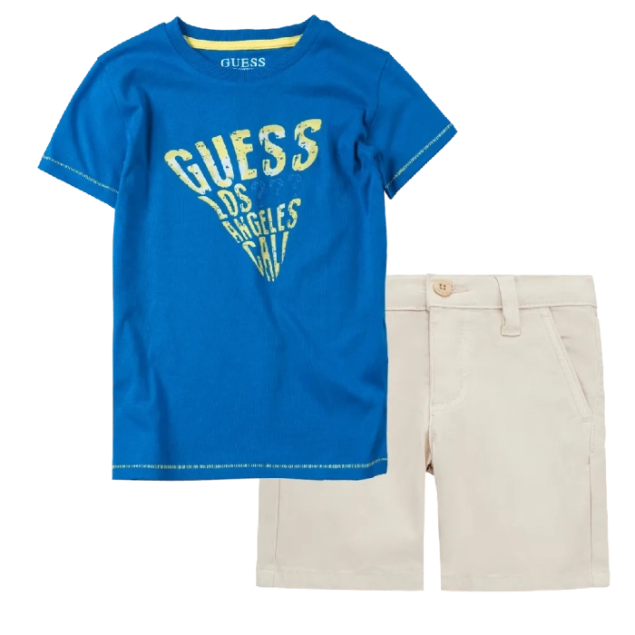 Παιδική μπλούζα GUESS για αγόρια Los Angeles μπλε (1) | Παιδική βερμούδα GUESS για αγόρια Sanji (2-7) μπεζ αγορίστικη καλοκαιρινή μοντέρνα ιδιαίτερη επώνυμη ποιοτική (3) 