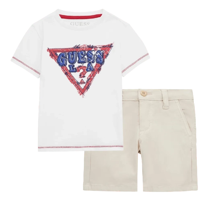 Παιδική μπλούζα Guess για αγόρια Farley άσπρο επώνυμη καλοκαιρινή μακό άνετη ετών online (3) | Παιδική βερμούδα GUESS για αγόρια Sanji (2-7) μπεζ αγορίστικη καλοκαιρινή μοντέρνα ιδιαίτερη επώνυμη ποιοτική (3) 