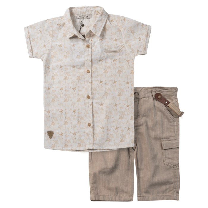Παιδικό σετ Hashtag για αγόρια Palms μπεζ με πουκάμισο με παντελονάκι αγορίστικα online (1)