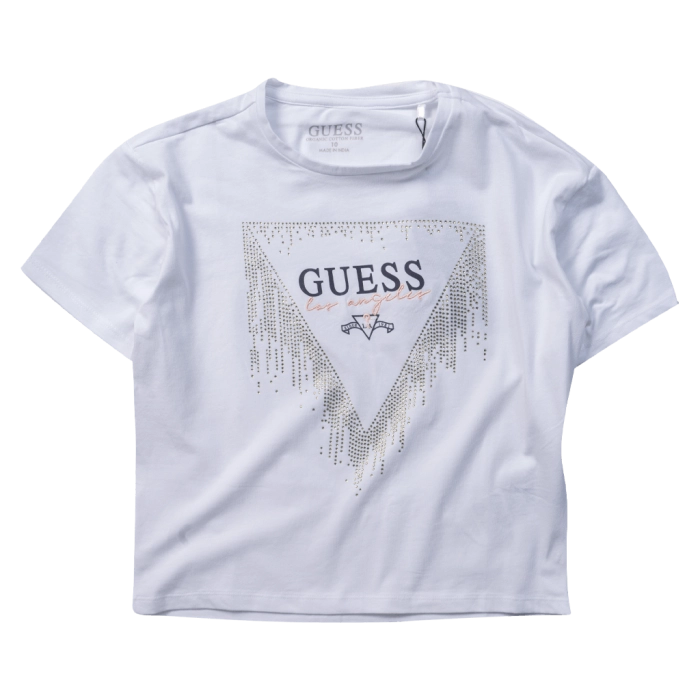 Παιδική μπλούζα GUESS για κορίτσια Memories άσπρο καθημερινή ελάστική κοντή επώνυμη μακό ετών crop online (1)